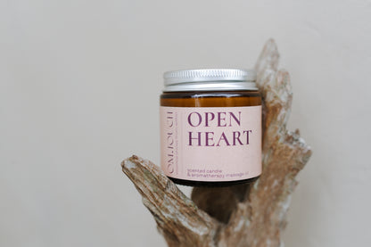 Bougie parfumée et huile de massage aromathérapie OPEN HEART