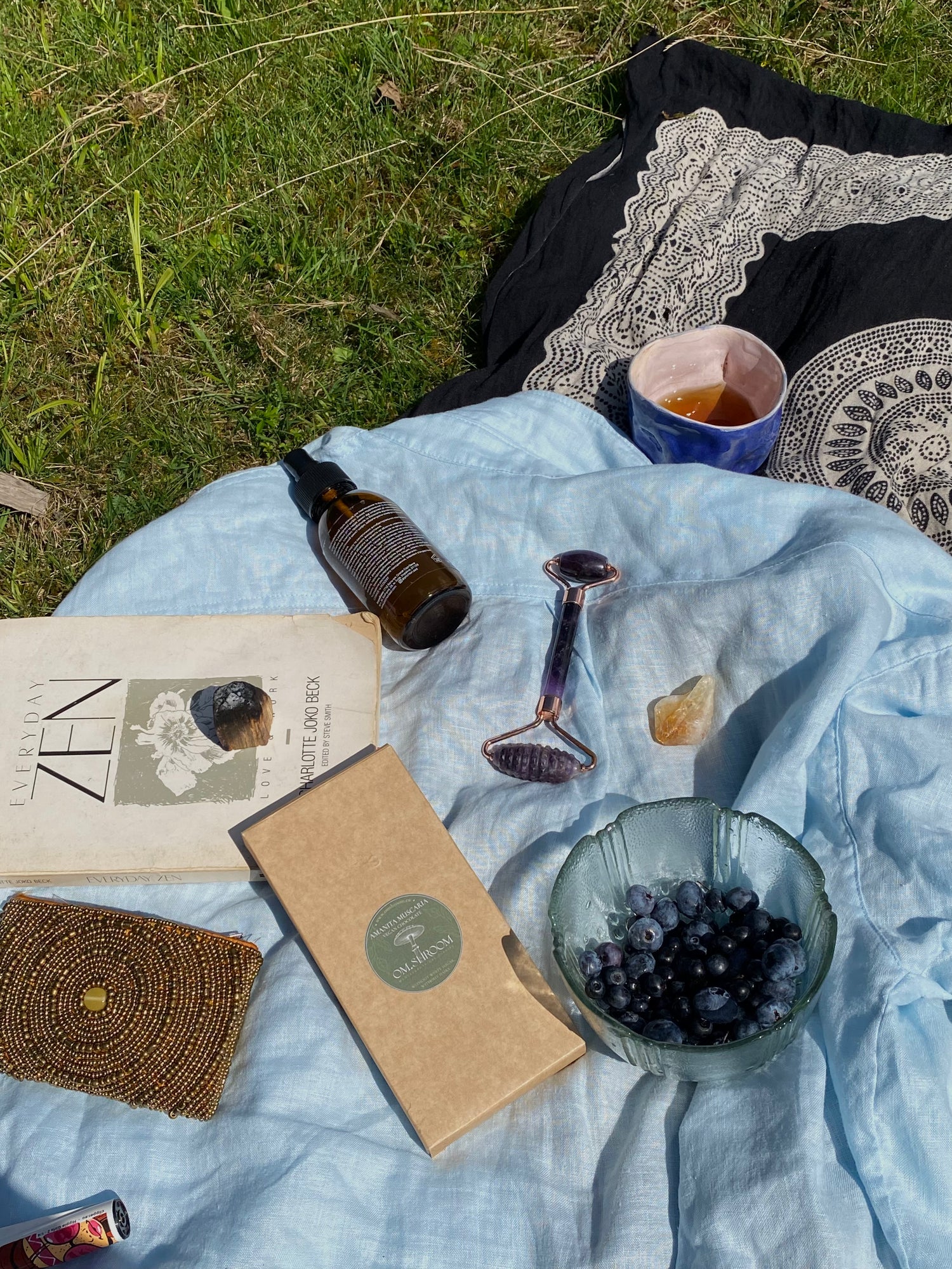 relaxation on nature with vegan mushroom chocolate and tea